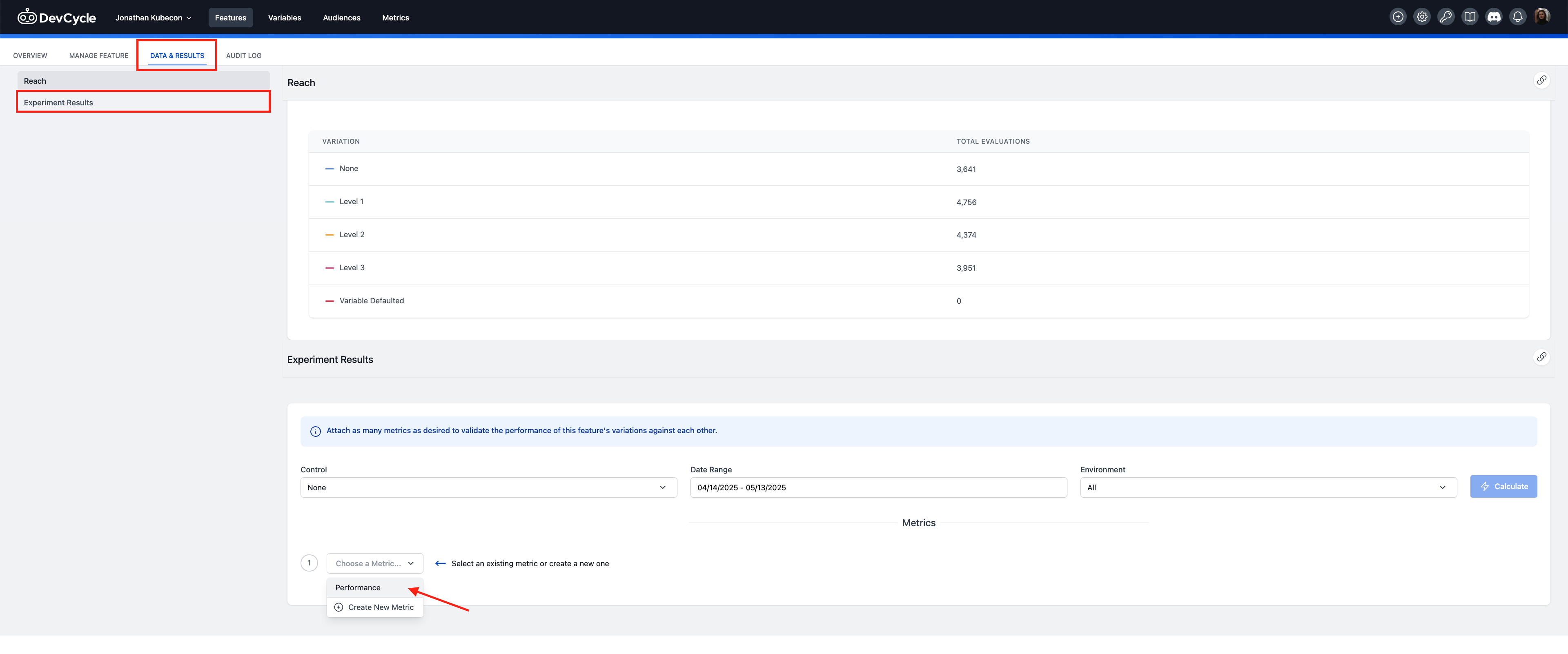 Comparative Analysis tab within a DevCycle Feature&#39;s Data &amp; Results view